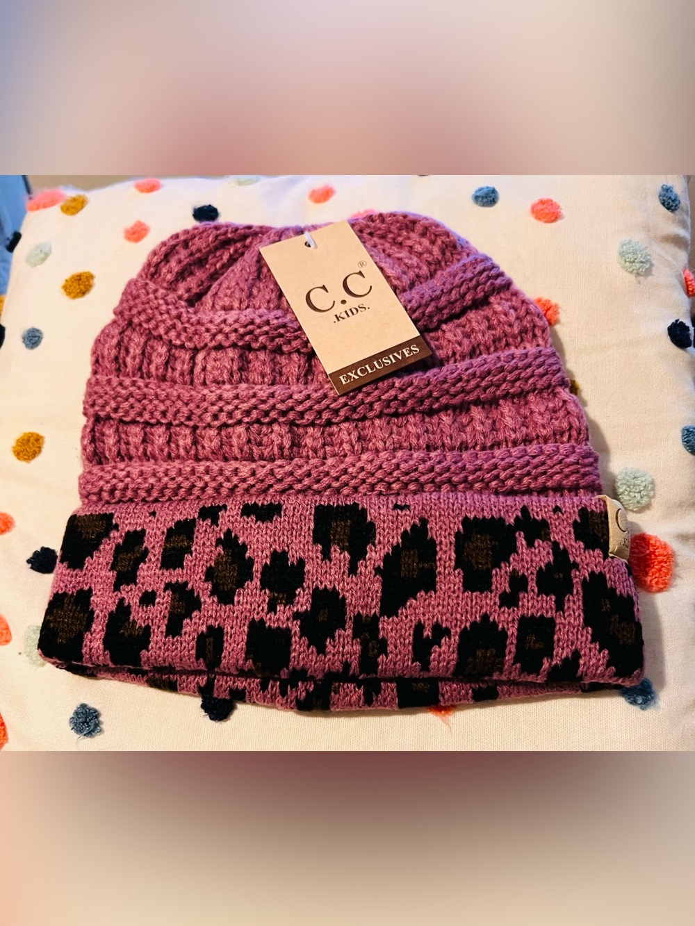C.C Kids Pink & Black Leopard Knit Beanie
